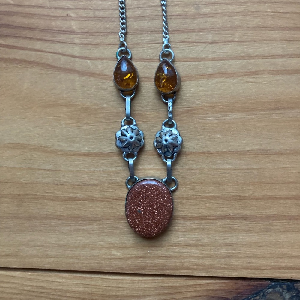 Sterling, goldstone and amber necklace - Picture 2 of 8